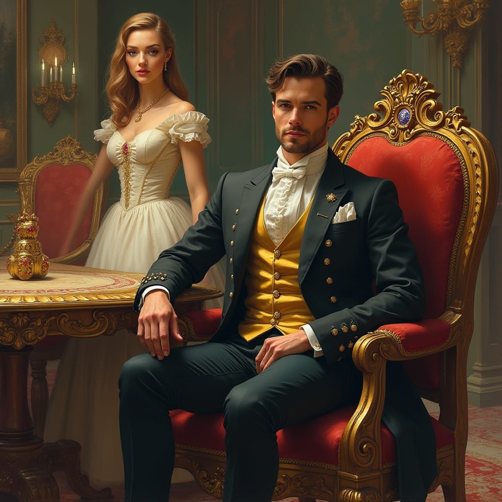 Duke in Opulent Mansion, Alphonse Mucha Style