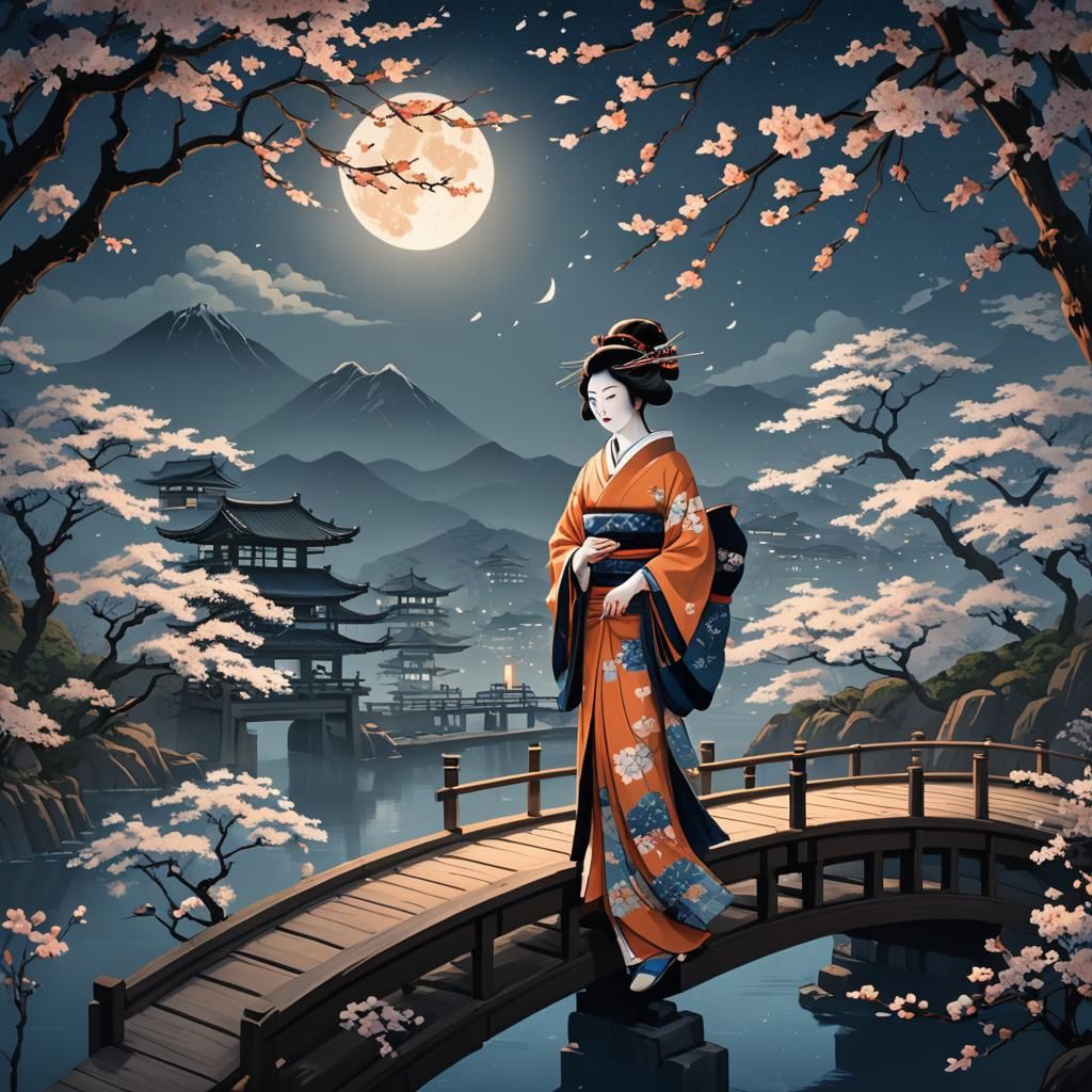 Mystical Geisha on Moonlit Bridge: Ukiyo-e Style