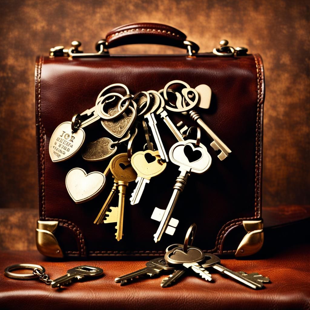 Keys with Heart Pendant on Briefcase: Vintage Photo