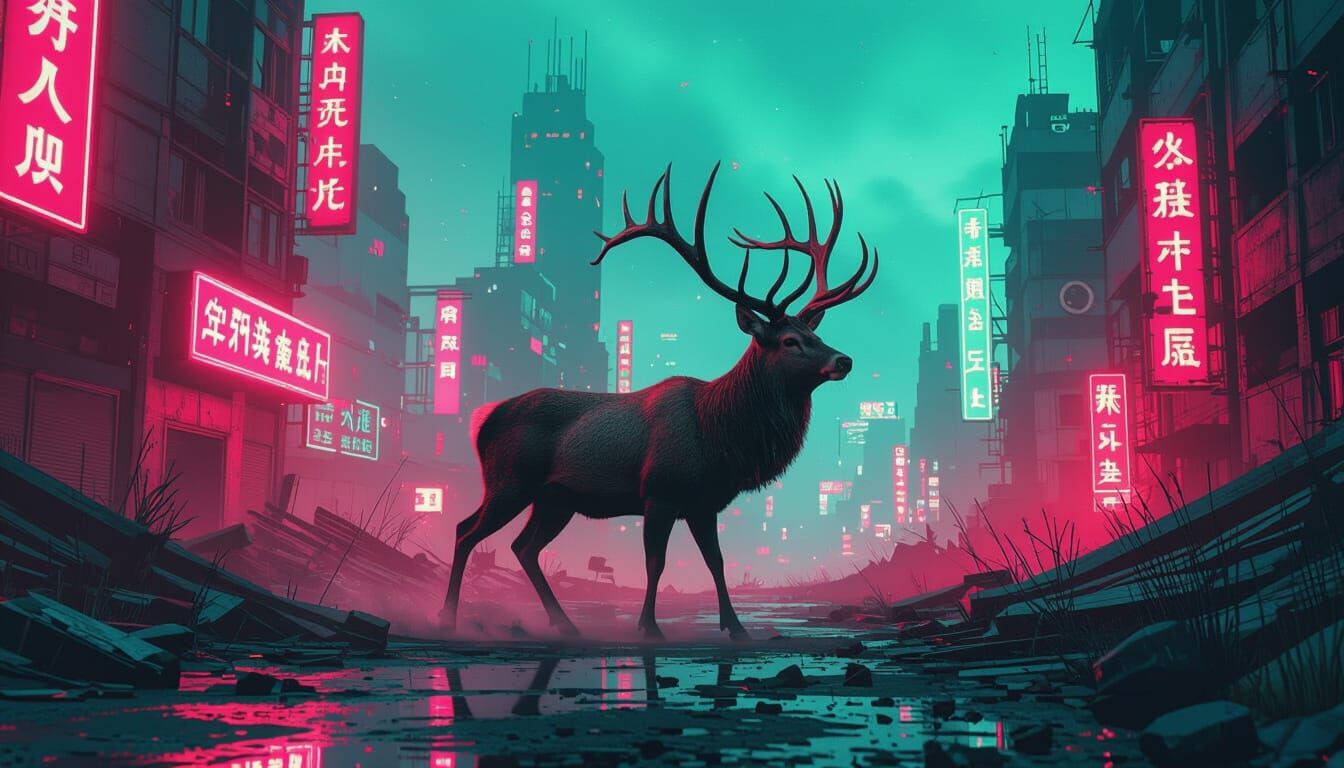 Stag Navigating Abandoned Neon Cityscape