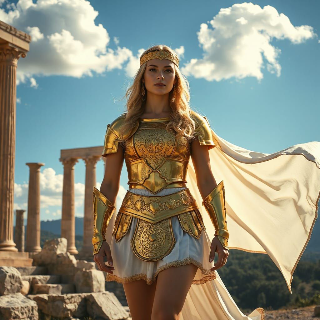 Classical Goddess Empress Amidst Ancient Temple Ruins in Gol...