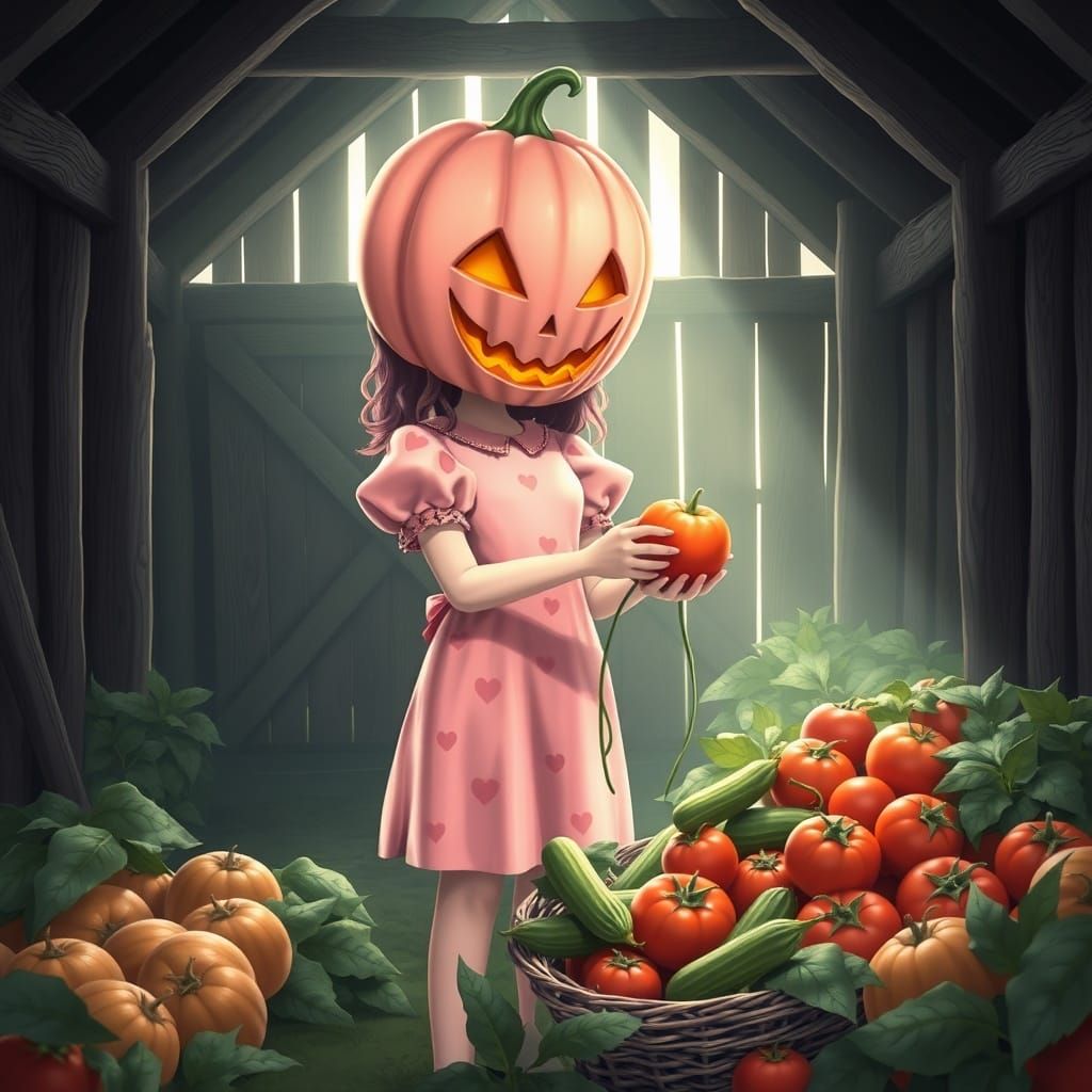 Cute Anime Girl with Pumpkin Mask Cleans Harvest