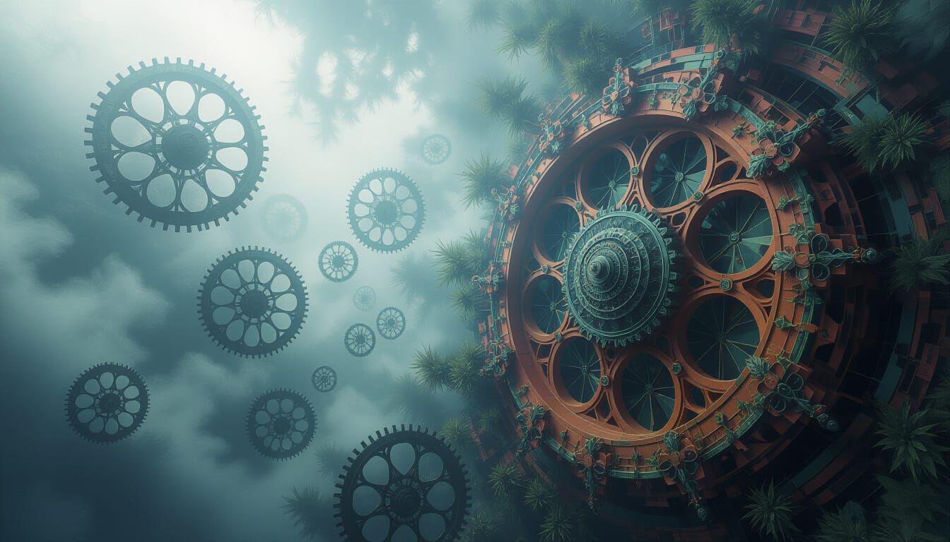 Surreal Fractal Collage in Foggy Atmosphere