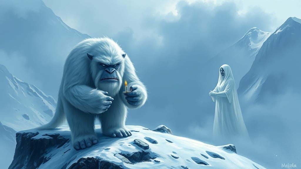 Yeti and Ghost on Snowy Ridge with Candle