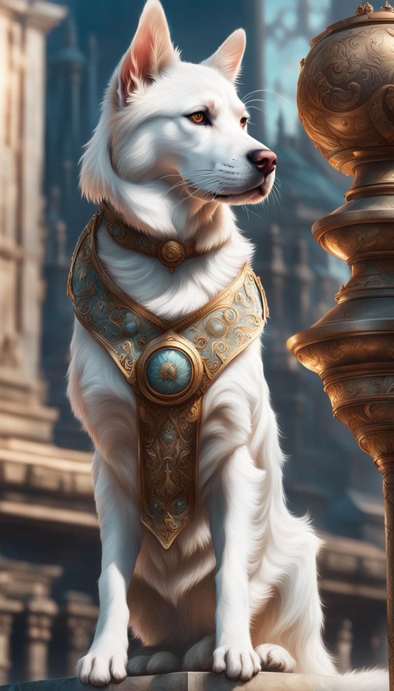 Fluffy White Dog and Cat Portrait