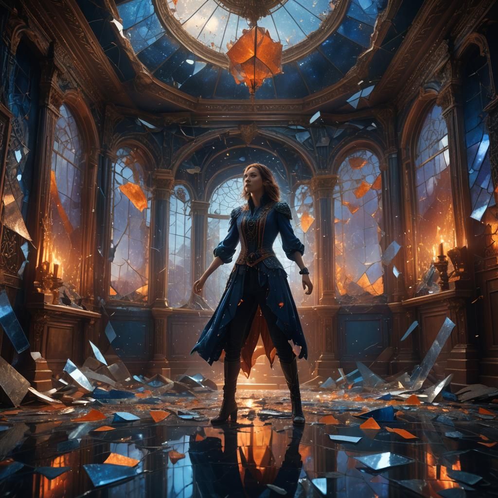 Mystical Chamber: Woman Amidst Shattered Glass