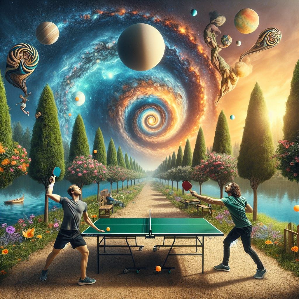 Intense Table Tennis Match Under Cosmic Sky