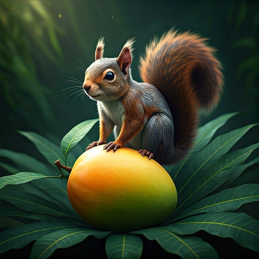 Squirrel on White Mango in Fantasy Art Style