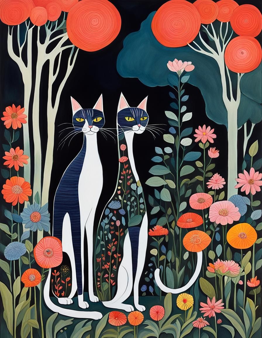 Long-Necked Cats in Floral Park: Gouache Painting