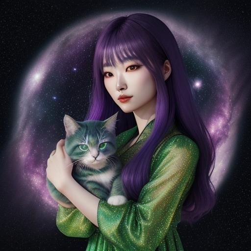 Purple haired Korean Girl in green dress holding Cuddly kitt...