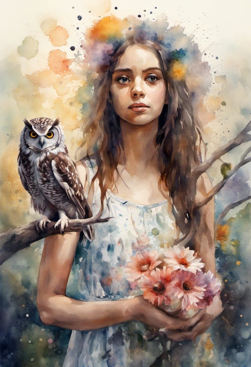 Pensive Woman in Watercolor Art Style