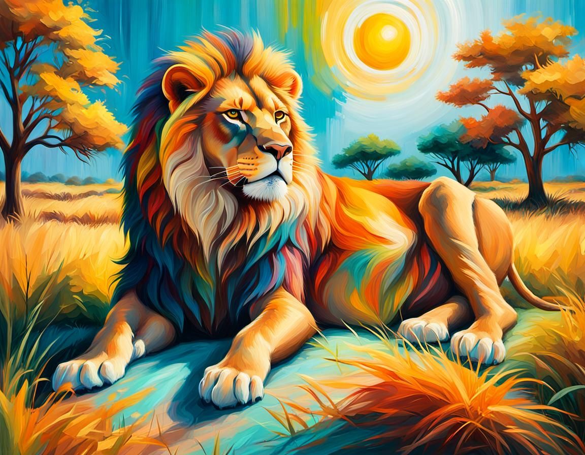 Vibrant Oil Painting of a Majestic Lion in a Sun-Kissed Sava...