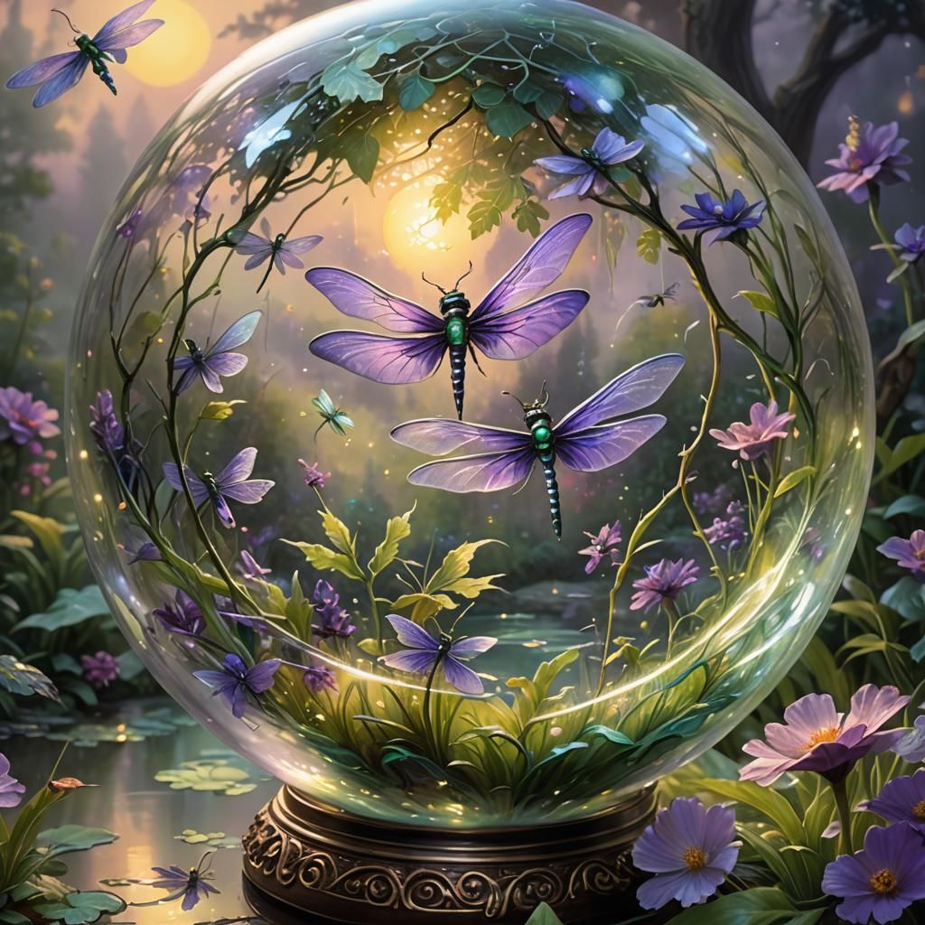Glowing Dragonflies in Glass Globe: Fantasy Art