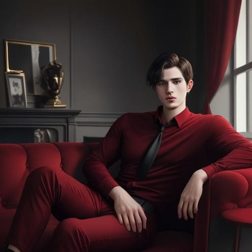 Young Man in Red Shirt Relaxing on Sofa