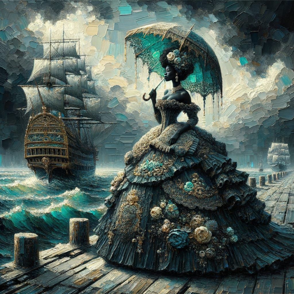 Victorian Black Woman on Pier in Stormy Seas