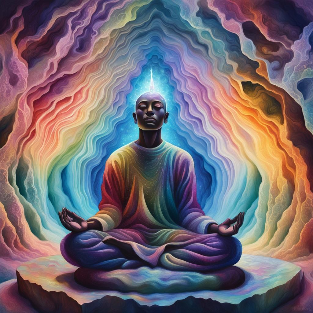 Meditating Figure in Cosmic Marble Cave