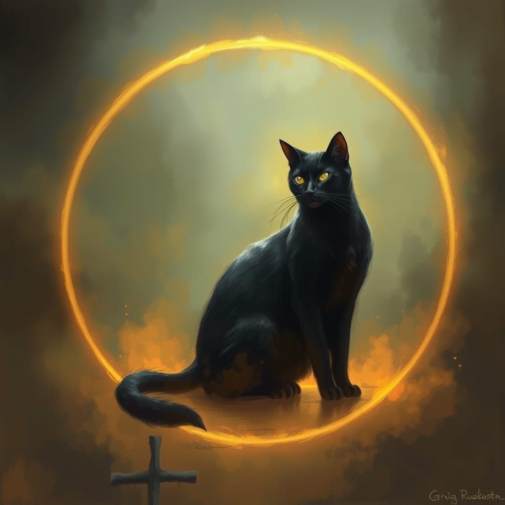 Ethereal Black Cat in a Glowing Circle