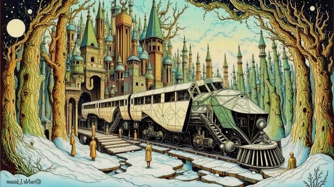 Futuristic Geometric Train in Snowy Forest Ink Drawing