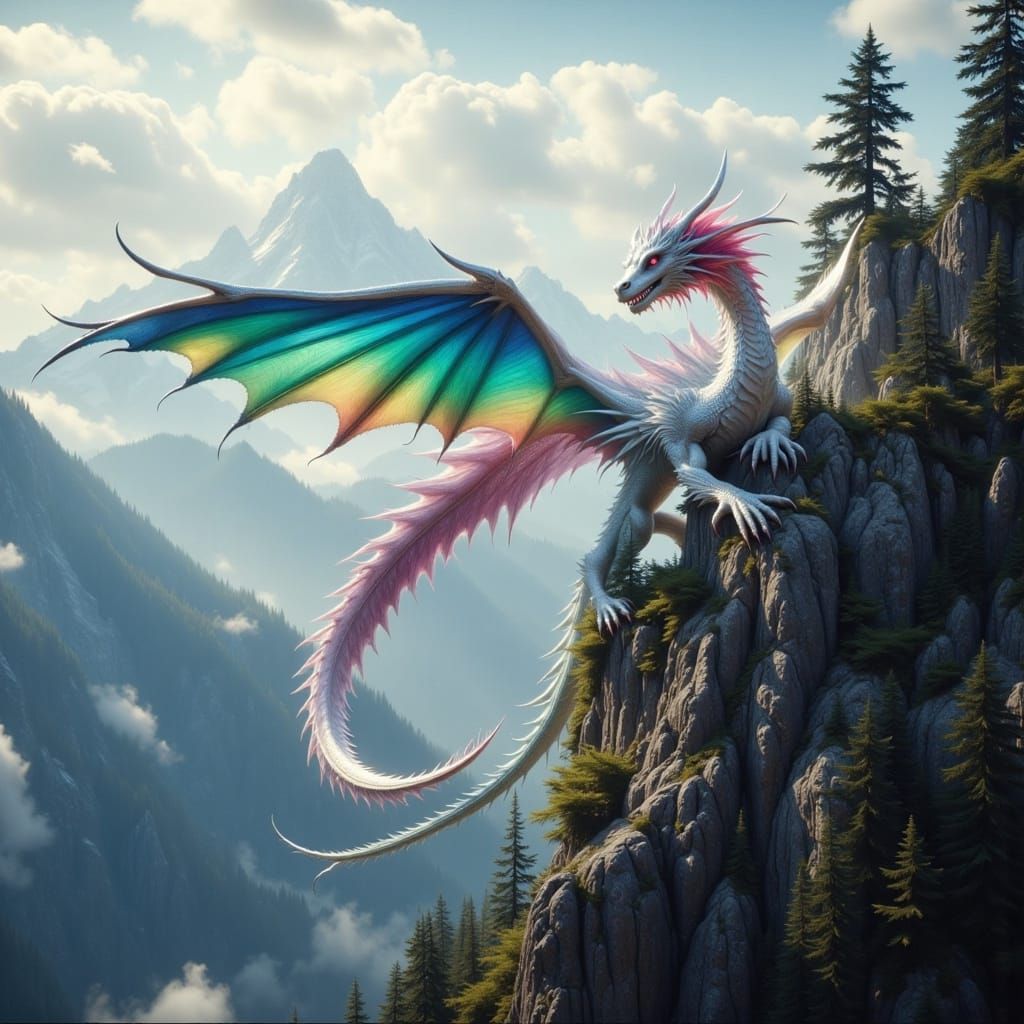 Stunning White Dragon with Rainbow Wings on Cinematic Mounta...