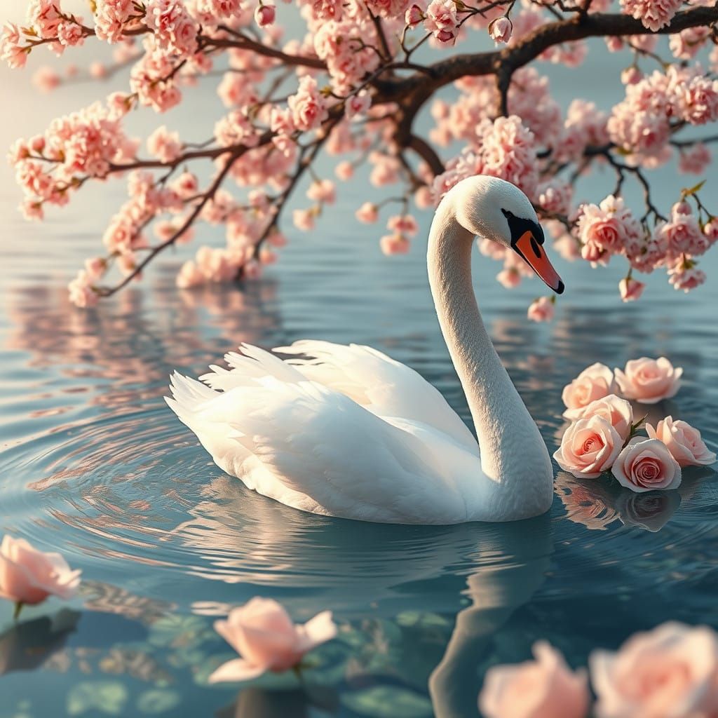 Ethereal White Swan in Serene Water with Cherry Blossoms