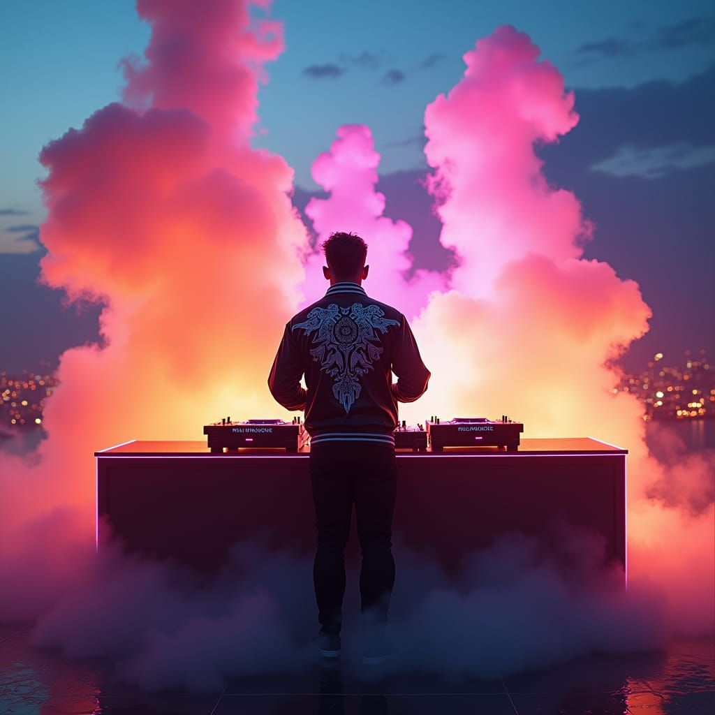 DJ on Neon Stage in Futuristic Cityscape