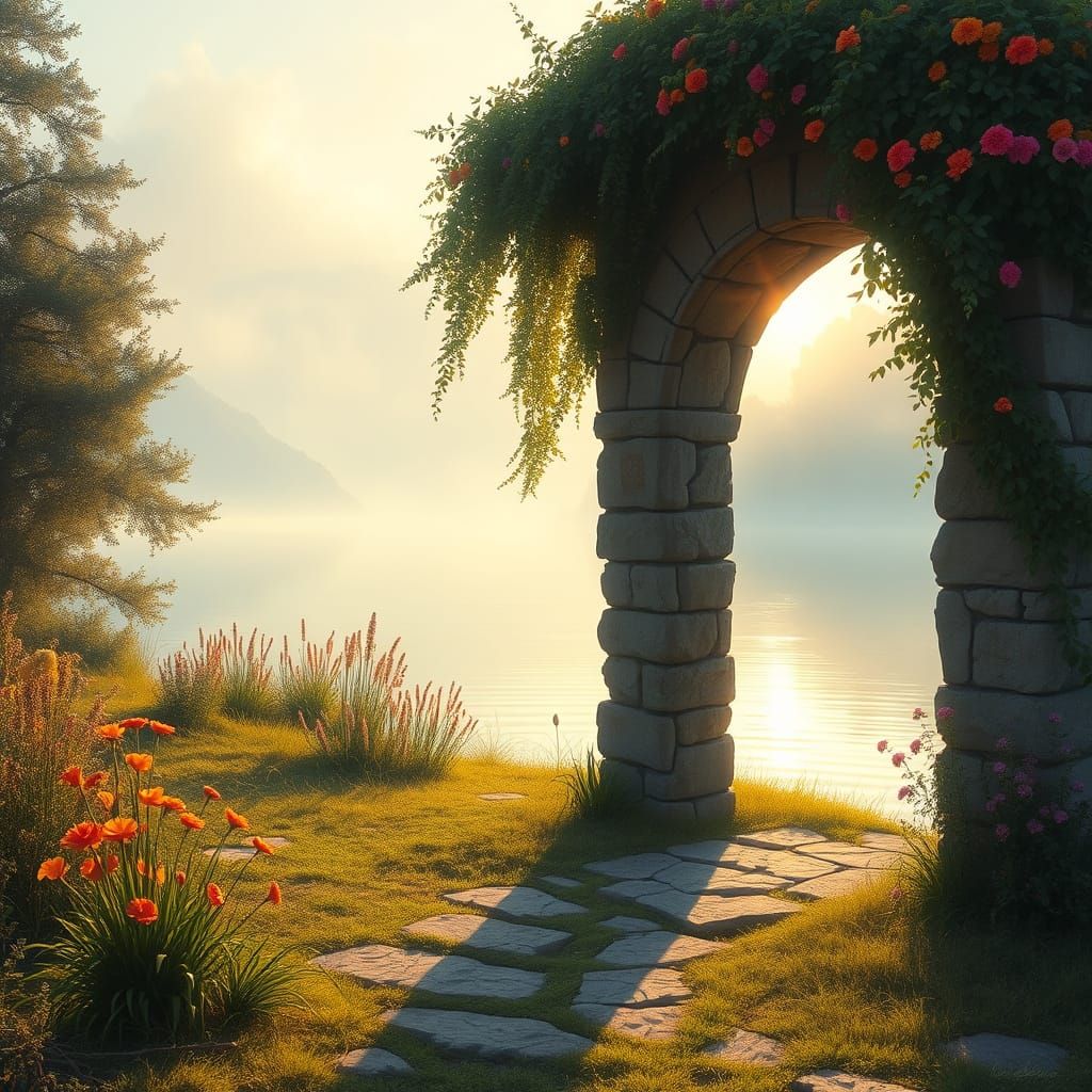 Stone Archway Overgrown with Wildflowers by Misty Lake at Da...
