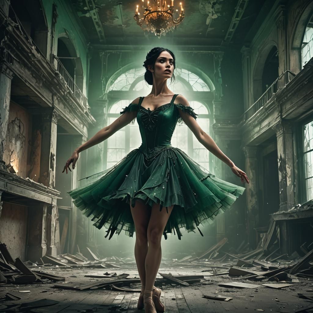 Haunting Ballerina in Ruined Theater, Dark Fantasy Art