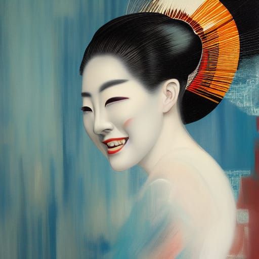 Geisha Portrait in Expressive Impressionist Oil Painting Sty...