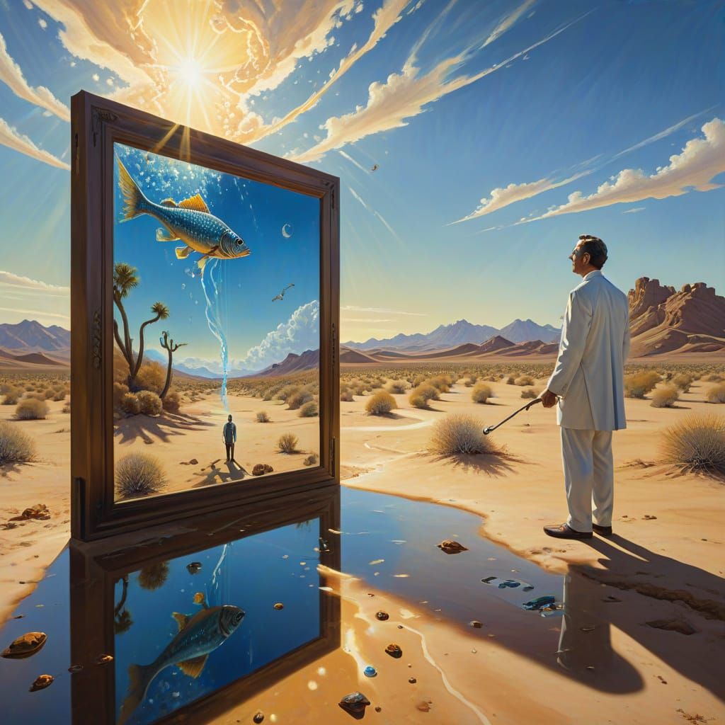 Surrealist Oil Painting of a Dreamlike Desert Scene with Glo...