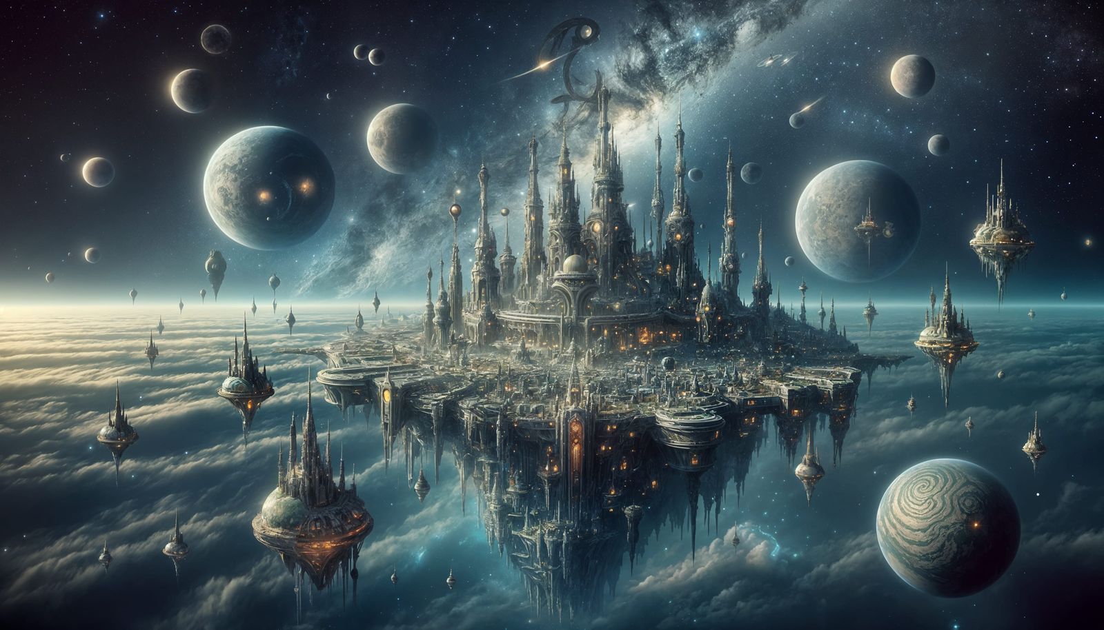 Surreal Floating Cities in a Dreamlike Cosmos