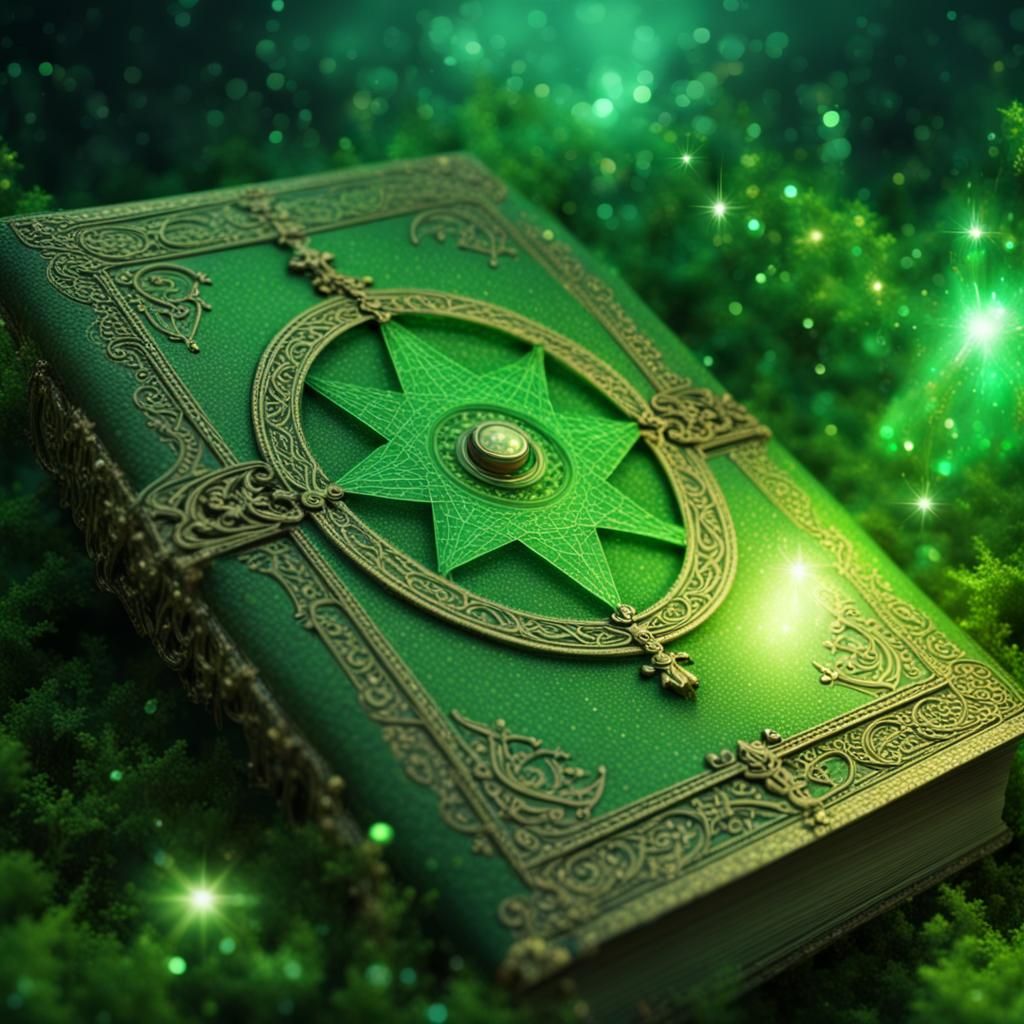 Magical close-up of a bright green old magic grimoire,