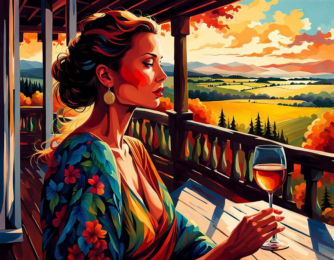 Woman Enjoys Wine on Veranda in Vibrant Digital Art