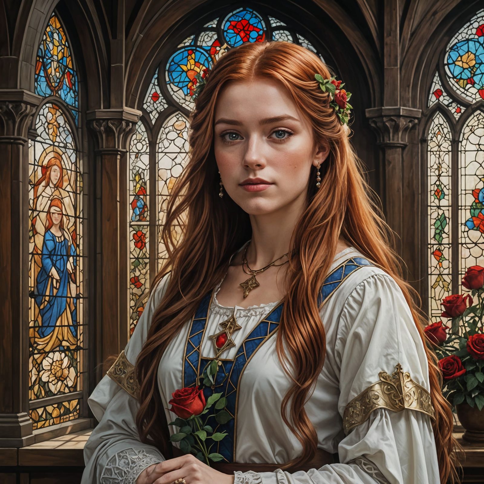 Medieval Princess in Rose Chapel Oil Painting