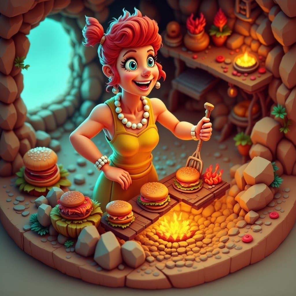 Wilma Flintstone Grilling Burgers, Isometric View