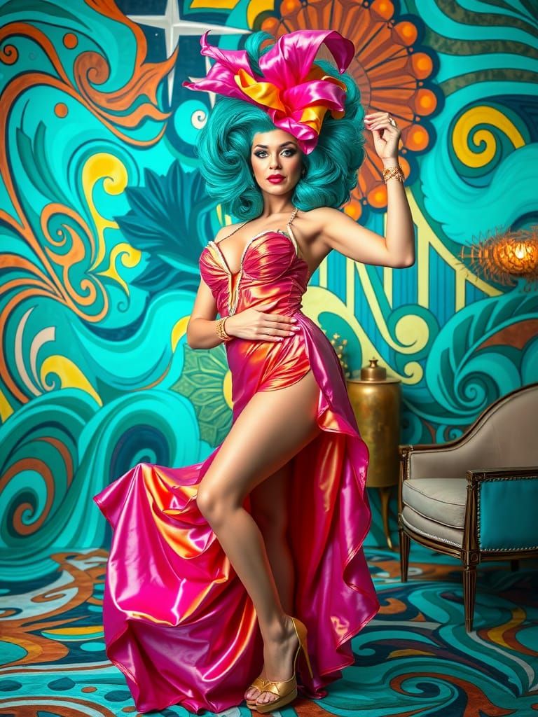 Glamorous Drag Queen in Vibrant Art Deco Room