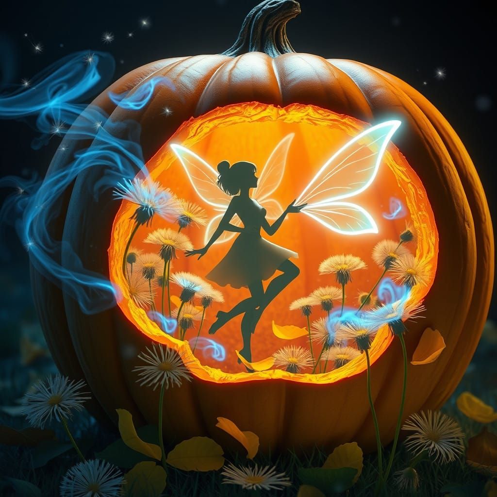 Whimsical Dandelion Garden Blooms Inside a Pumpkin