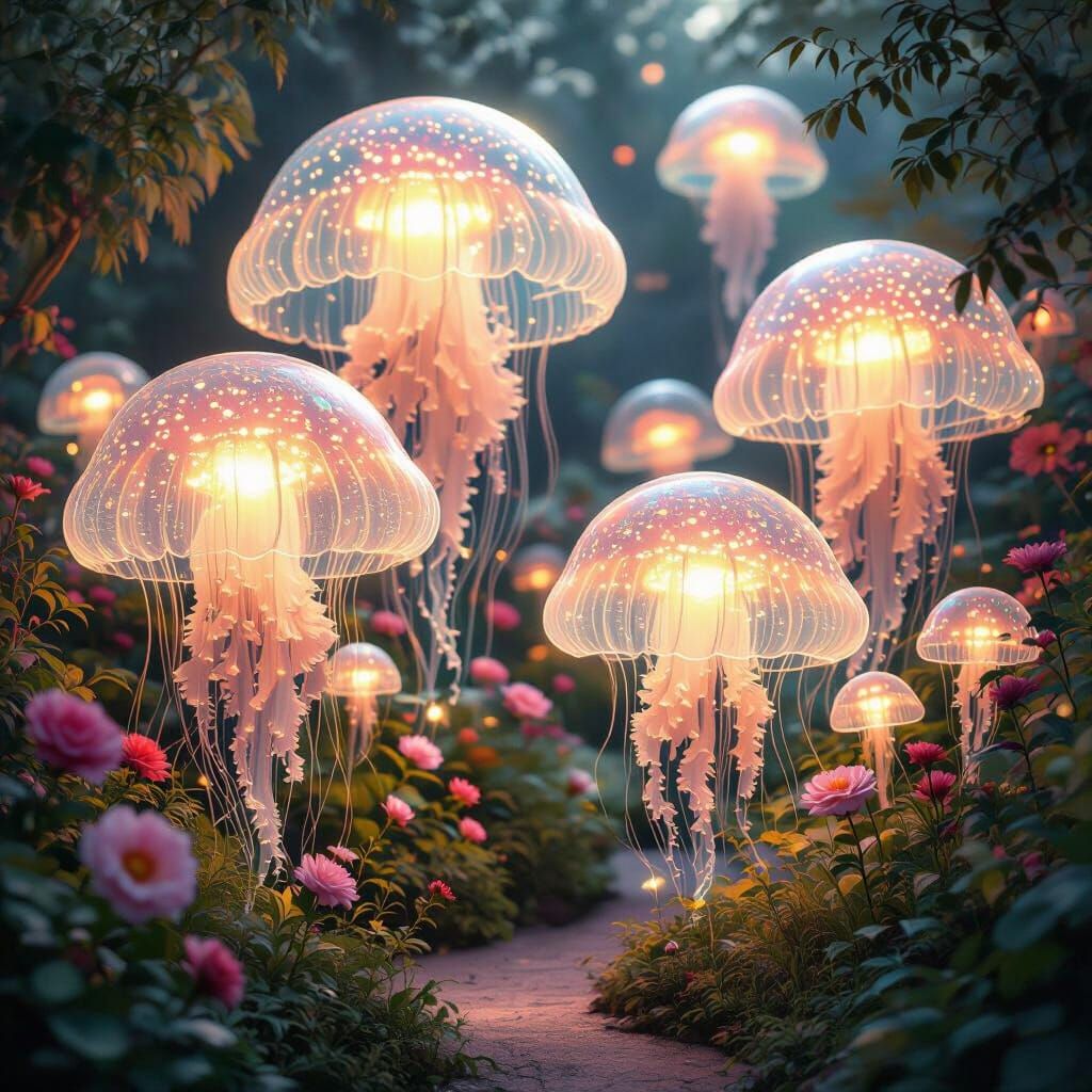 Luminous Jellyfish Flowers in a Whimsical Garden