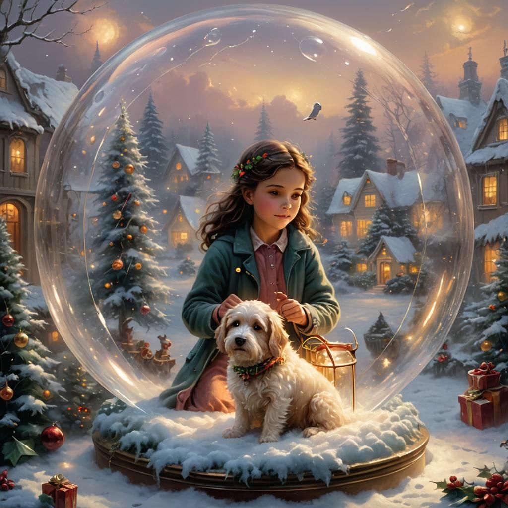 Girl and Dog in Christmas Glass Bubble