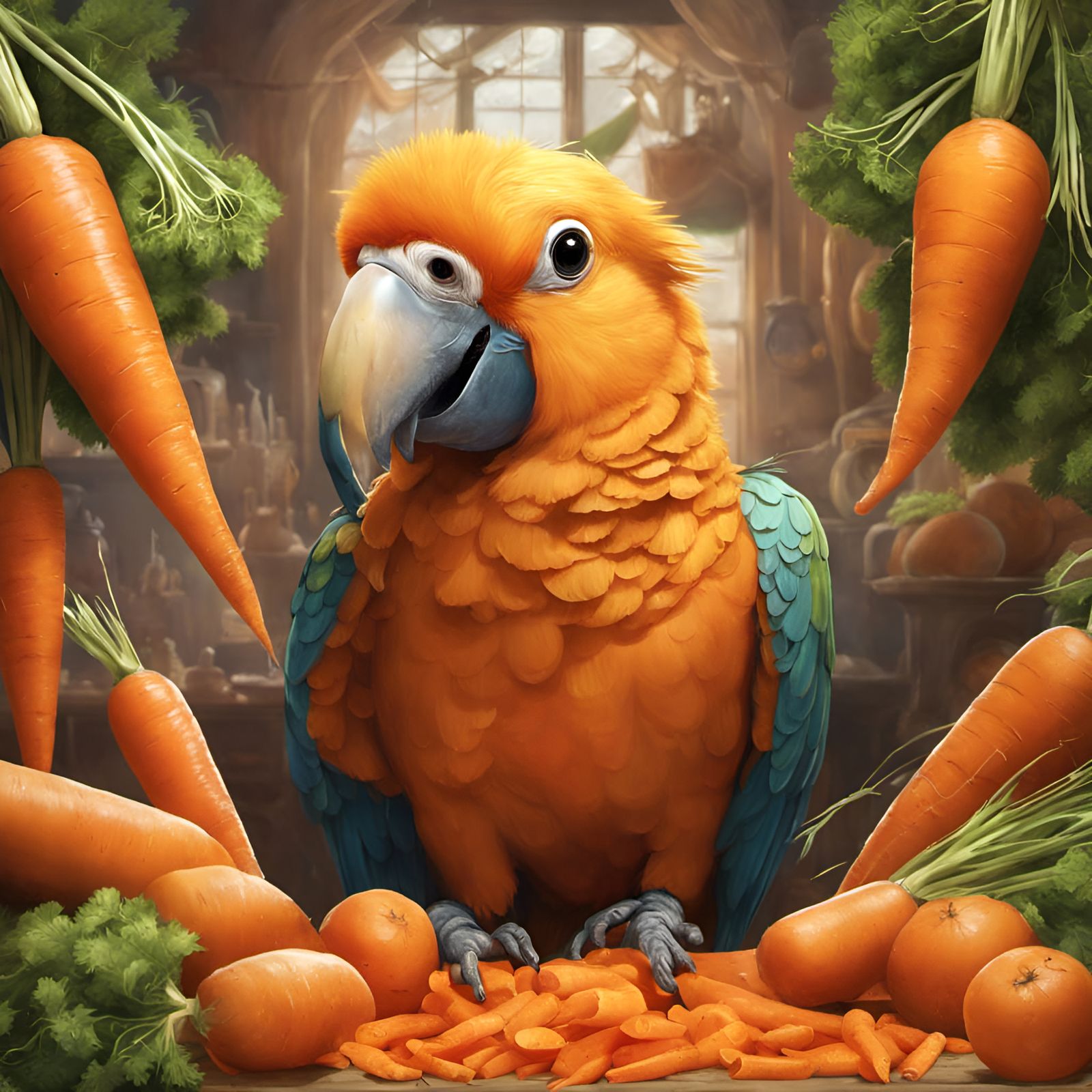 Adorable Carrot Parrot Portrait in Digital Illustration