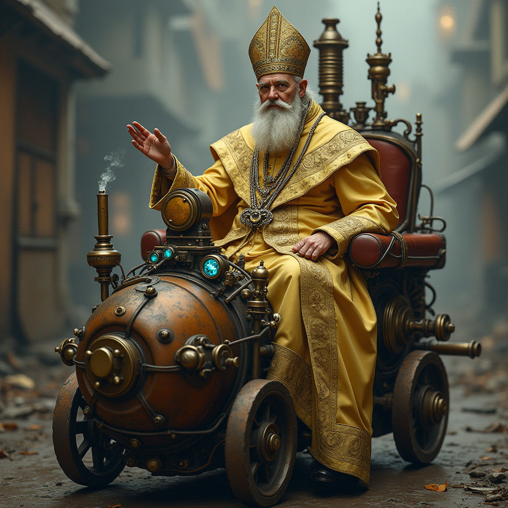 Regal Steampunk Pope Amidst Industrial Majesty