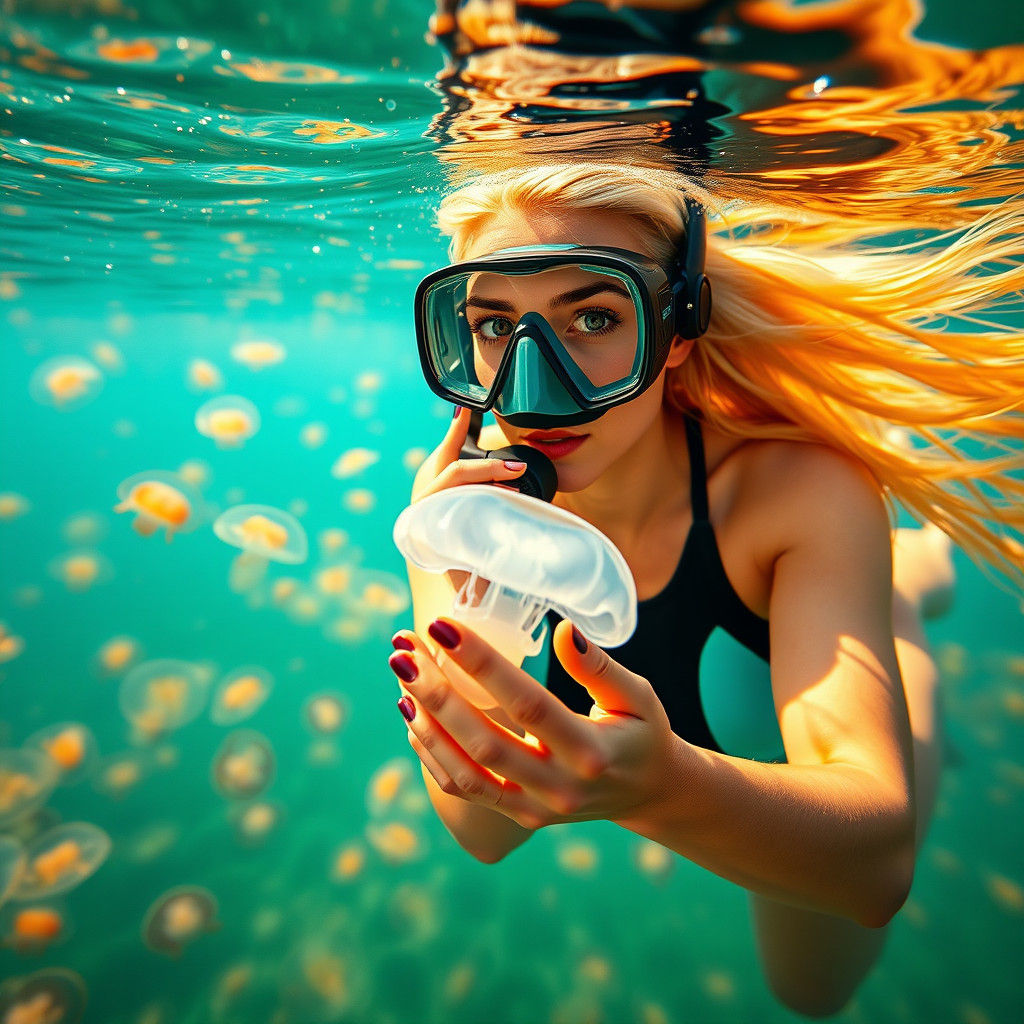 Underwater Swimmer with Jellyfish in Hyperrealistic Style