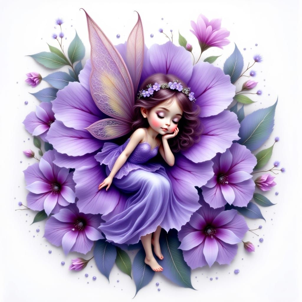 Dreamy Fairy on Velvet Petunia in Whimsical Art Style
