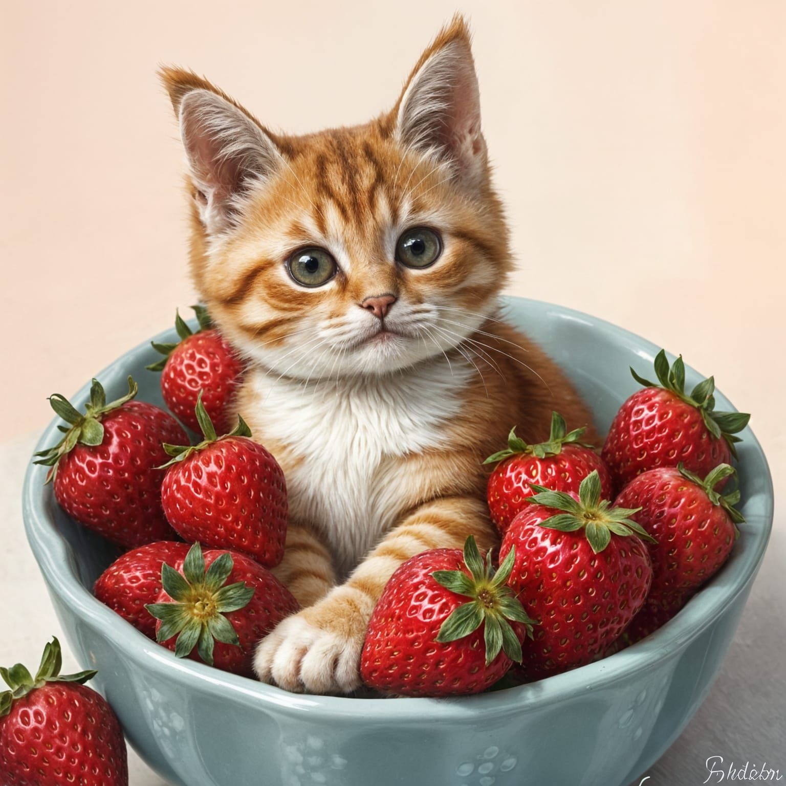 Furry Strawberry Feline in Creamy Berry Bowl