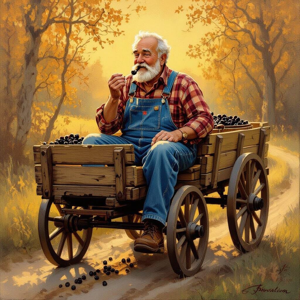 Grandpa Eats Raisins on Wagon in Folk Art Style