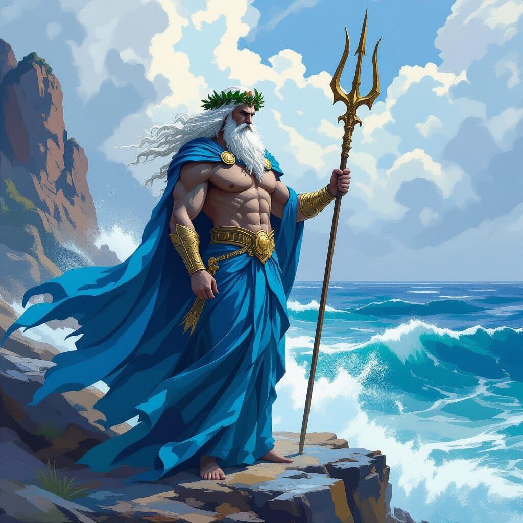 Poseidon God of the Sea on Coastal Cliff
