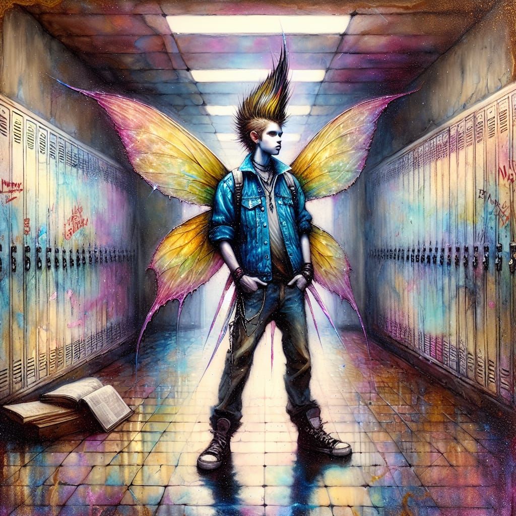 Rebellious Fairy with Mohawk in High School, Alcohol Ink