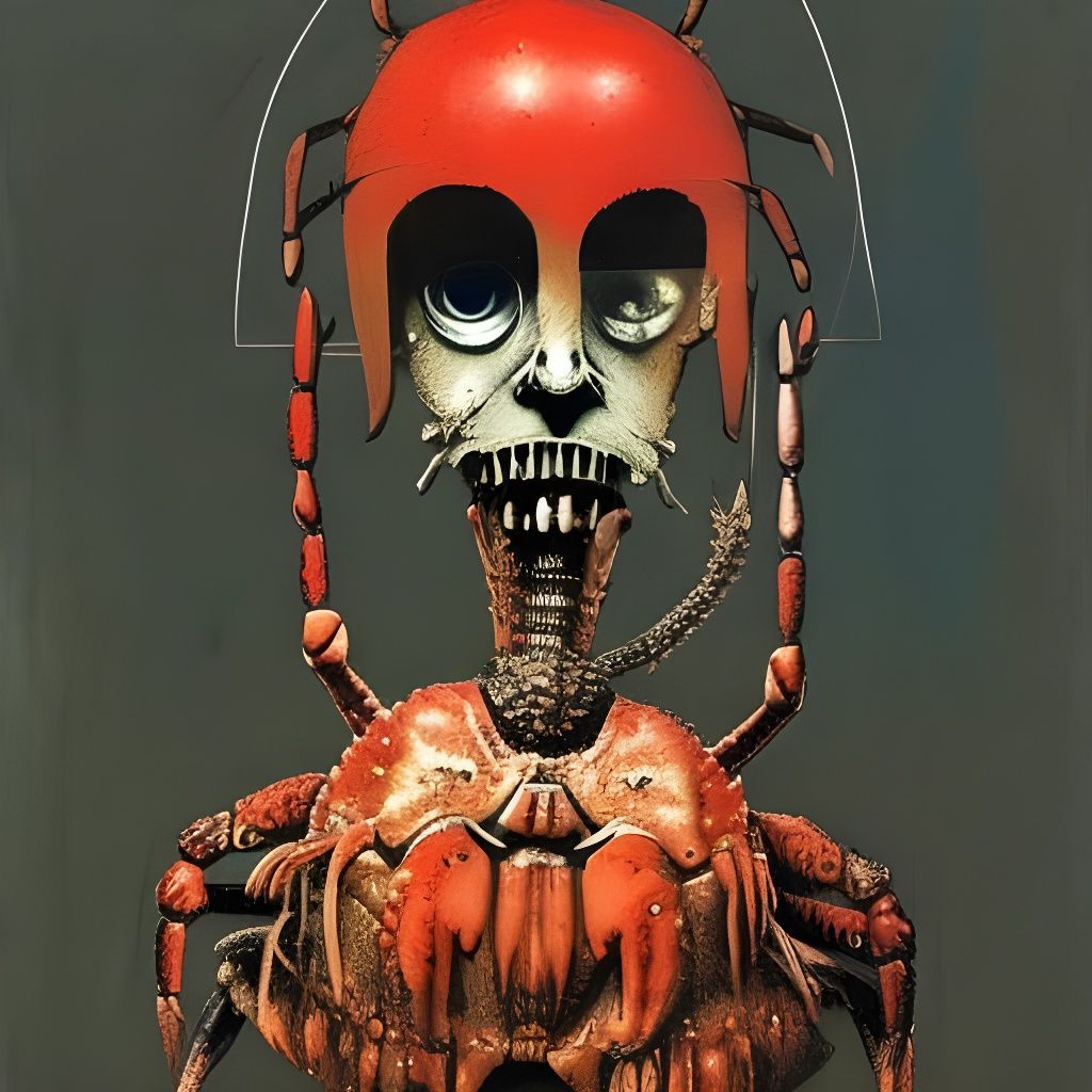 Surreal Crab-Headed Man in Mixed Media Style