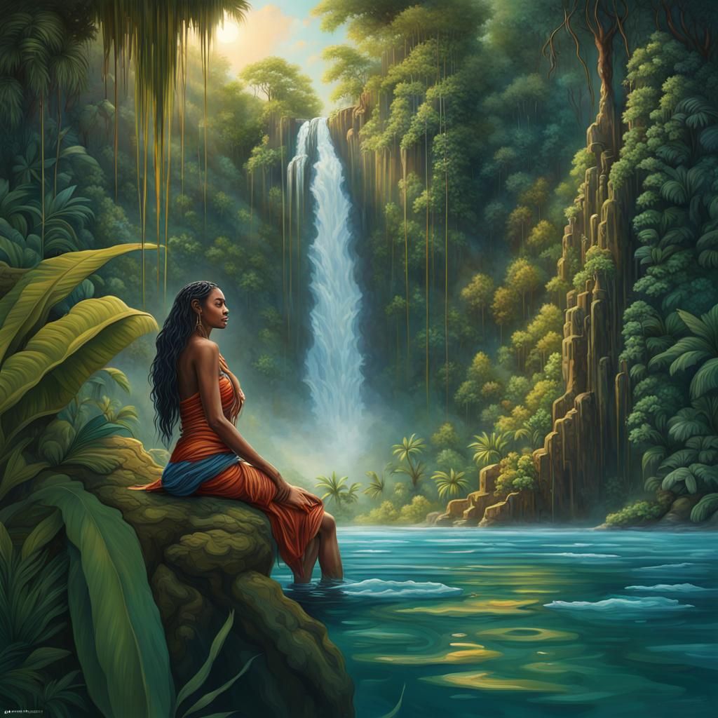 Amazon Waterfall with Yemaya in Hyperrealistic Splash Art