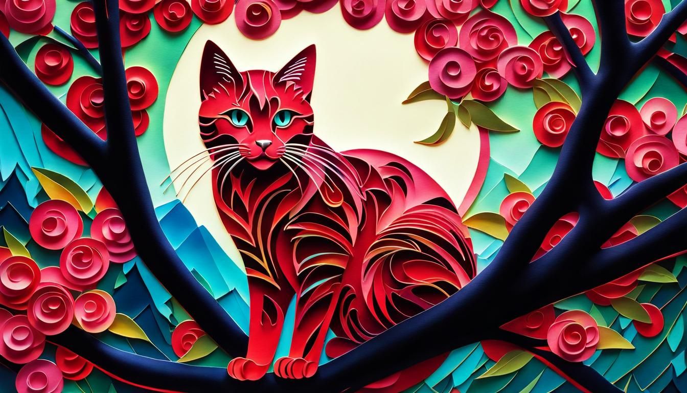Vibrant Kirigami Cat in Cherry Tree
