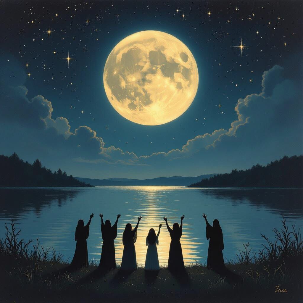 Mystical Moon Worship by Reflective Lake